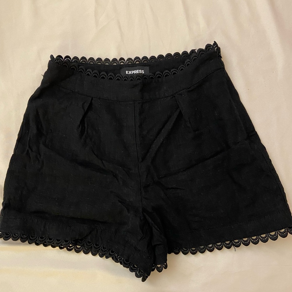High Waisted Linen-Blend Eyelet Trim Shorts